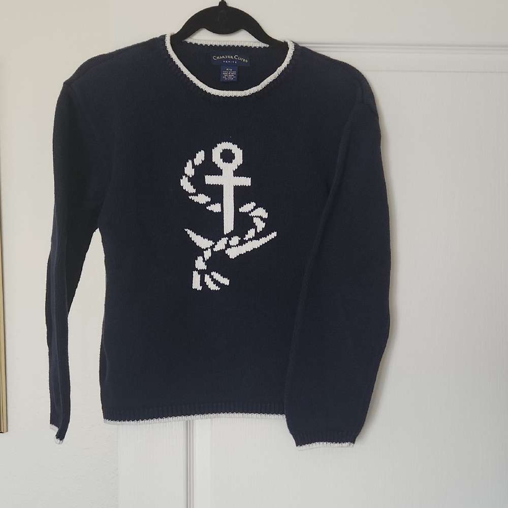 Charter Club Nautical Blue and White Crew Neck Sweater
